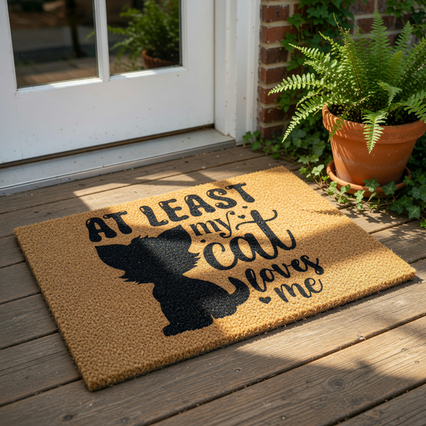 Cat lover doormat featuring a black silhouette of a kitten and the text At Least My Cat Loves Me, this natural coir fiber welcome mat is a funny pet themed floor rug for your front porch or entryway decor for any cat owner.