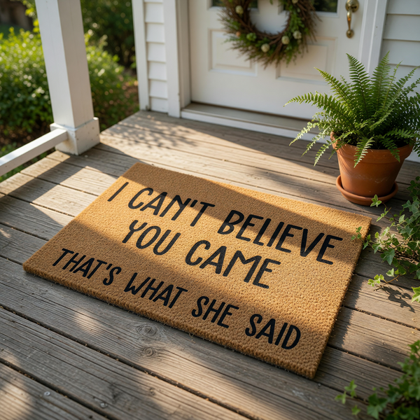 Funny doormat with the text I Can't Believe You Came That's What She Said, a humorous coir welcome mat for front porch entryways that makes a sarcastic housewarming gift for fans of blunt, witty, and funny home decor door mats.