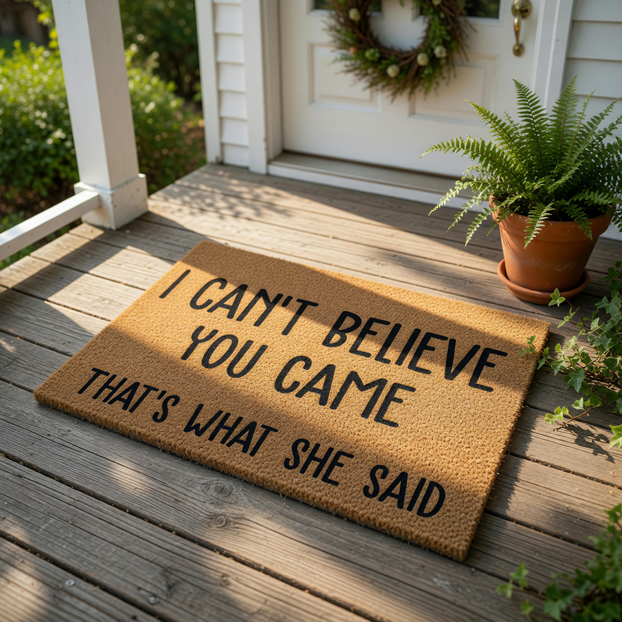 Funny doormat with the text I Can't Believe You Came That's What She Said, a humorous coir welcome mat for front porch entryways that makes a sarcastic housewarming gift for fans of blunt, witty, and funny home decor door mats.