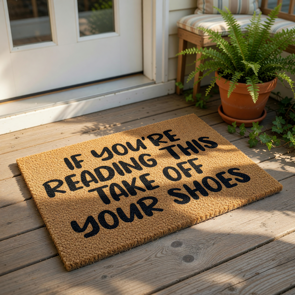 Funny doormat with the text If You Are Reading This Take Off Your Shoes, a natural coir fiber welcome mat for your front porch entry that serves as a humorous home decor piece for guests and visitors to your house or apartment.