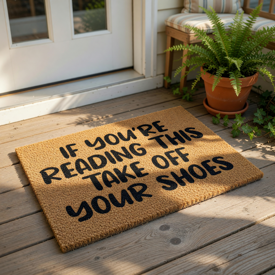 Funny doormat with the text If You Are Reading This Take Off Your Shoes, a natural coir fiber welcome mat for your front porch entry that serves as a humorous home decor piece for guests and visitors to your house or apartment.