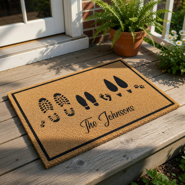 Personalized family doormat featuring custom footprints and paw prints on a natural coir welcome mat, perfect for a housewarming entry rug that displays your family name with a durable, non-slip design for your front porch or