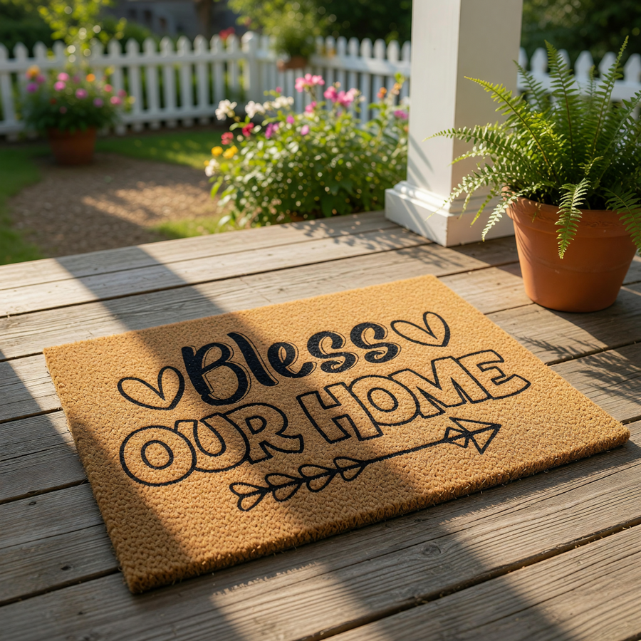 Bless Our Home coir doormat with black text and arrow design, a natural fiber welcome mat for front porch decor that adds a farmhouse touch to your entryway floor, perfect for housewarming gifts and outdoor home entrance styling.