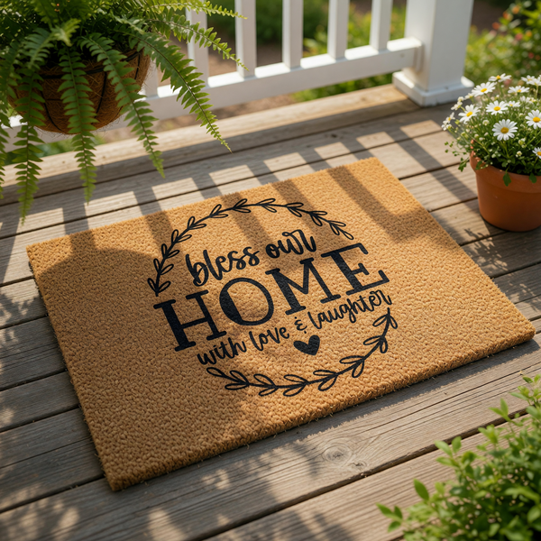 Bless Our Home doormat with love and laughter text, a natural coir fiber welcome mat featuring a black leaf wreath design, perfect for farmhouse porch decor, entryway floor mats, and housewarming gifts for a new home entrance.