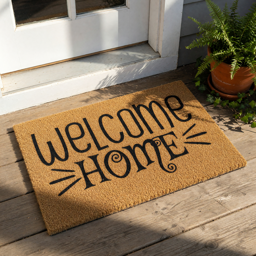 Welcome Home coir doormat featuring black script text on a natural fiber rug, this durable outdoor welcome mat is a stylish front porch decor piece for housewarming entryways and adds a cozy look to any home entrance or front