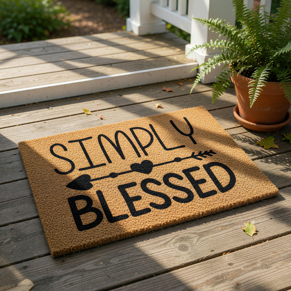 Simply Blessed coir doormat featuring a rustic arrow and heart design, this natural fiber welcome mat is a durable outdoor floor rug for your front porch entry, providing a farmhouse style greeting for guests at your home