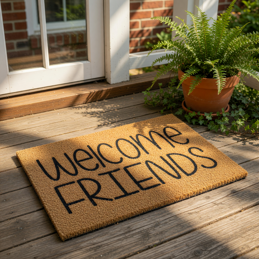Welcome Friends coir doormat with black text on a natural fiber rug, this durable outdoor welcome mat is a stylish front porch decor piece that adds a friendly touch to your home entrance and entryway floor for guests.