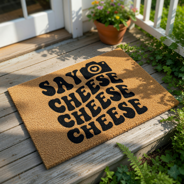 Say Cheese doormat with a camera icon, featuring bold wavy black text on a natural coir welcome mat.
