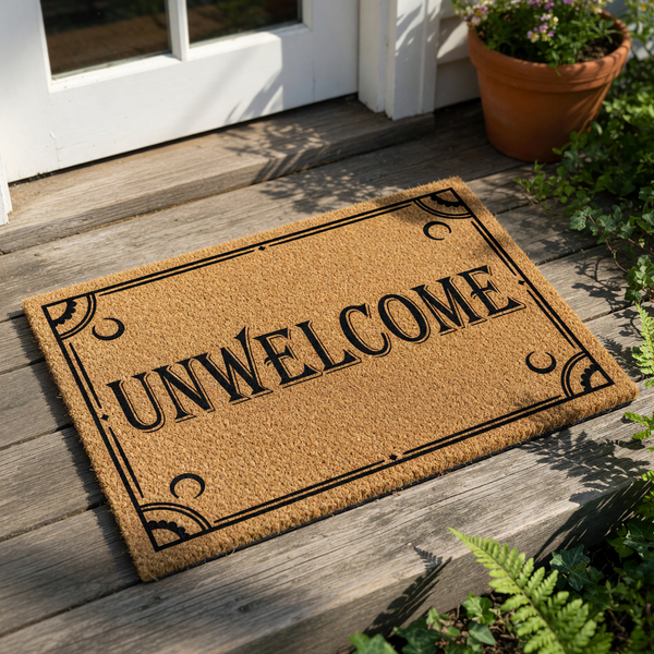 Unwelcome doormat with a funny sarcastic message printed on natural coir fiber, featuring a decorative black border design for a front porch entry, this humorous outdoor welcome mat is a durable floor rug for home decor.