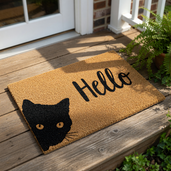 Black cat hello doormat featuring a cute peeking feline silhouette on natural coir fiber, this funny cat lover welcome mat is a durable outdoor floor rug for your front porch entry decor and a fun housewarming gift for pet owners.