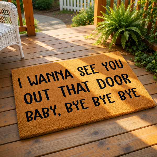 Funny welcome doormat with humorous text printed on a natural fiber rug, placed on a front porch entryway.