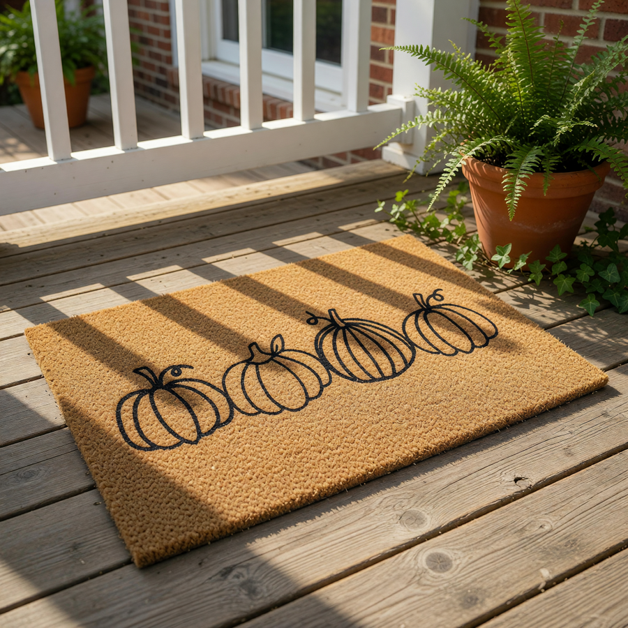 Pumpkin line art doormat featuring four hand-drawn style pumpkins on a natural coir fiber welcome mat, perfect for fall porch decor, autumn home entryways, and seasonal farmhouse front door decorations for a cozy harvest house