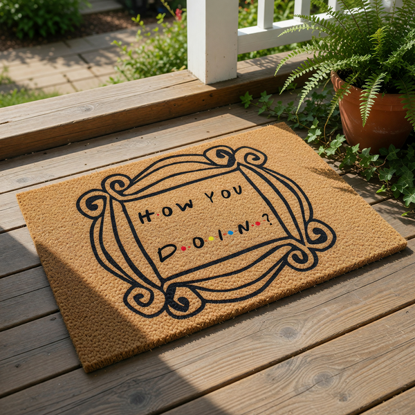 Funny quote doormat featuring a decorative frame design and the text How You Doin, this natural coir fiber welcome mat is a stylish front porch rug for apartment entryways or home decor that adds a touch of humor to your entryway.