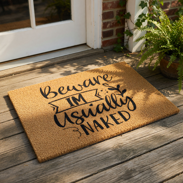 Funny Beware I'm Usually Naked coir doormat with black text, a perfect humorous welcome mat for your front porch or entryway that adds a cheeky touch to your home decor and makes a great housewarming gift for friends.
