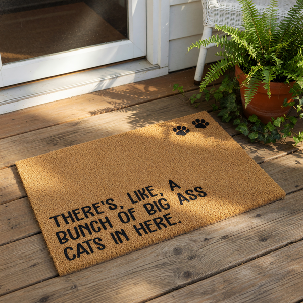 a textured area rug with a humorous message printed on it.