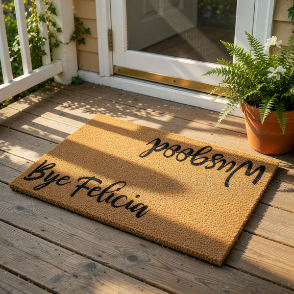 Funny doormat with Bye Felicia and Wusgood text, this natural coir fiber welcome mat features bold black script lettering for a humorous front porch decor piece that serves as a cheeky entryway rug for your home or apartment