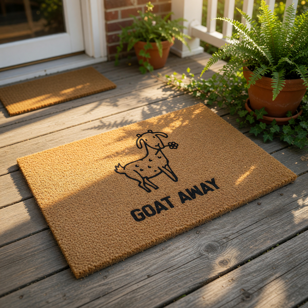 Funny Goat Away doormat featuring a cute hand-drawn goat illustration on natural coir fiber, this humorous welcome mat makes a quirky front porch decor piece for animal lovers who enjoy funny puns and unique outdoor entryway rugs.