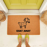 Funny Goat Away doormat featuring a cute line-art goat illustration on natural coir fiber, perfect as a humorous outdoor welcome mat for your front porch entrance to greet guests with a playful farm animal design and pun text.