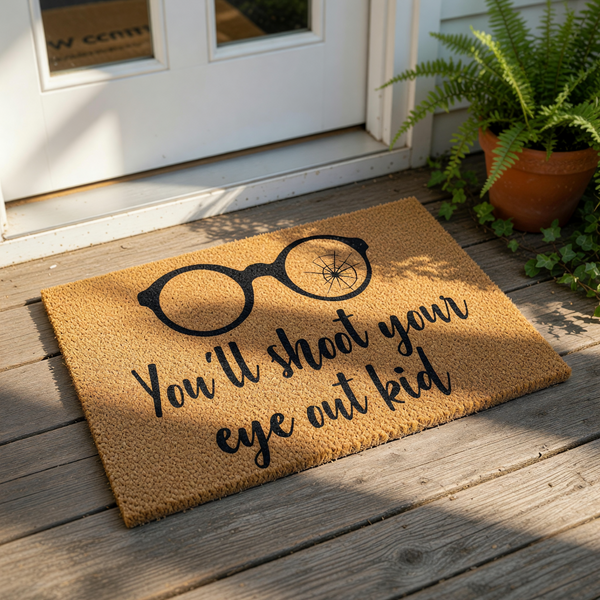 Funny holiday doormat featuring black glasses with a cracked lens and the text You will shoot your eye out kid, this natural coir welcome mat is a humorous front porch decor piece for movie fans during the winter festive season.