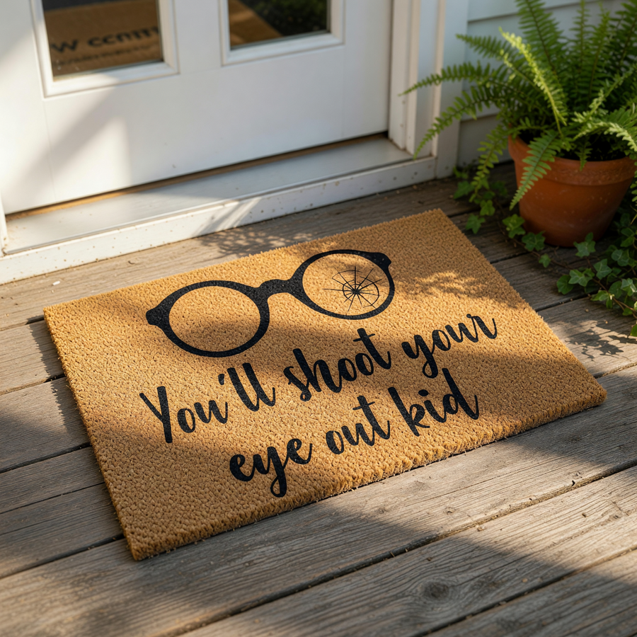 Funny holiday doormat featuring black glasses with a cracked lens and the text You will shoot your eye out kid, this natural coir welcome mat is a humorous front porch decor piece for movie fans during the winter festive season.