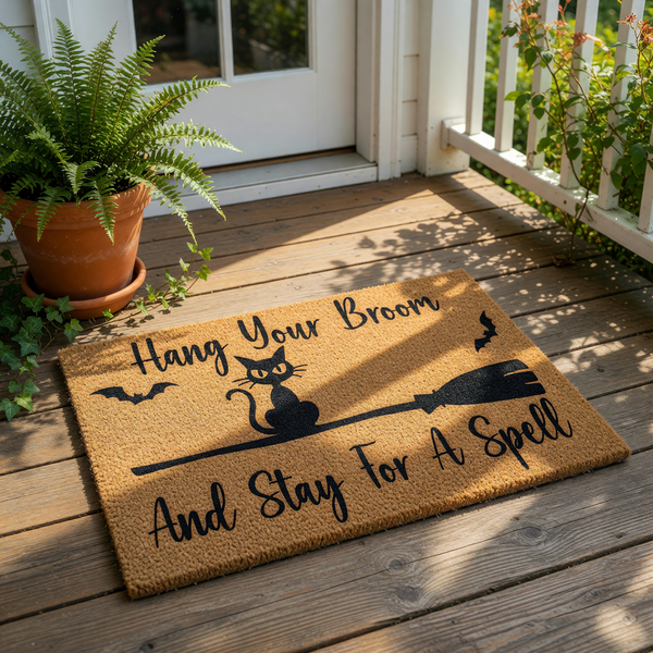 Halloween doormat featuring a black cat on a broomstick with bats and the text Hang Your Broom And Stay For A Spell, this natural coir welcome mat is a fun seasonal front porch decor piece for your home entrance during the fall