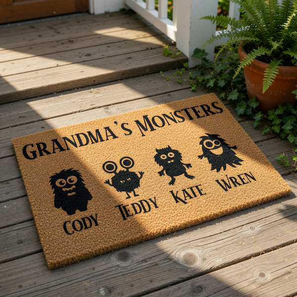 Personalized Grandma Monsters doormat featuring four cute cartoon monster illustrations and custom names printed on a natural coir fiber welcome mat, perfect for a fun front porch decor piece for a grandmother's home entrance.