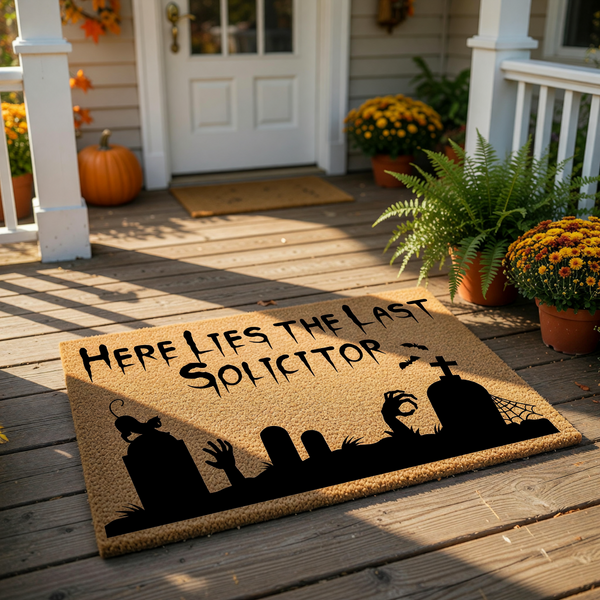 Funny Halloween doormat featuring a spooky graveyard scene with tombstones, a cat, and hands reaching from the ground, printed with the text Here Lies The Last Solicitor for a unique outdoor welcome mat or porch decor for the