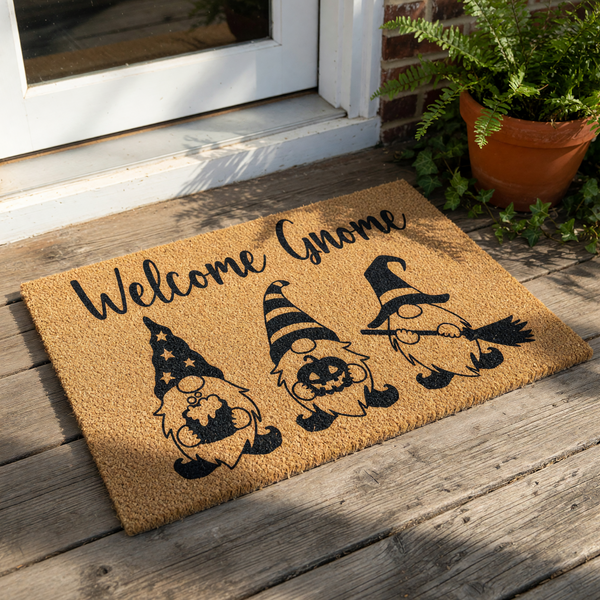 Welcome Gnome Halloween doormat featuring three cute gnomes with a pumpkin, broom, and drink, printed on a natural coir fiber welcome mat for fall porch decor, perfect for seasonal entryway floor mats and festive home front door