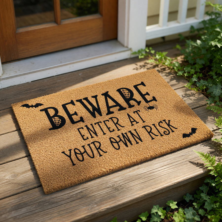 Beware Enter At Your Own Risk Halloween doormat featuring black bats and a spider web design on natural coir fiber, this spooky outdoor welcome mat is a fun front porch decor piece for the fall season and holiday home entryway.