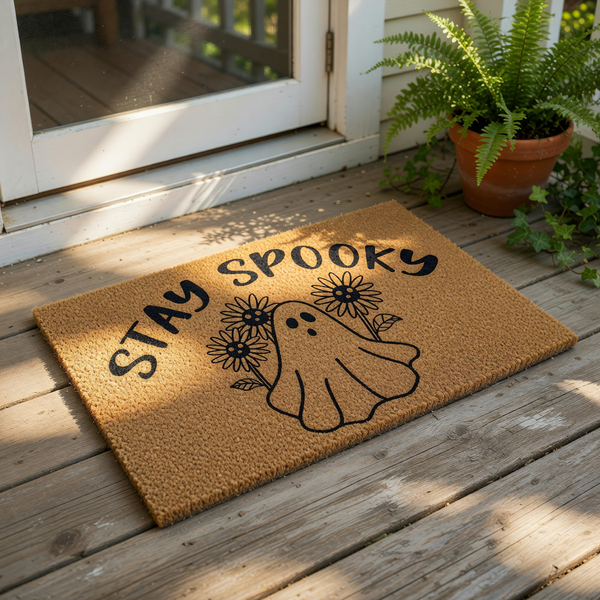 Stay Spooky ghost doormat with sunflowers, a natural coir fiber welcome mat for fall home decor featuring a cute ghost illustration and floral design, perfect for a front porch entrance during the autumn and Halloween holiday