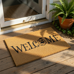 Spooky pumpkin welcome doormat featuring a scary jack-o-lantern face replacing the letter O in the word welcome, perfect for fall porch decor, Halloween entryway mats, and seasonal outdoor home entrance floor rugs for autumn.