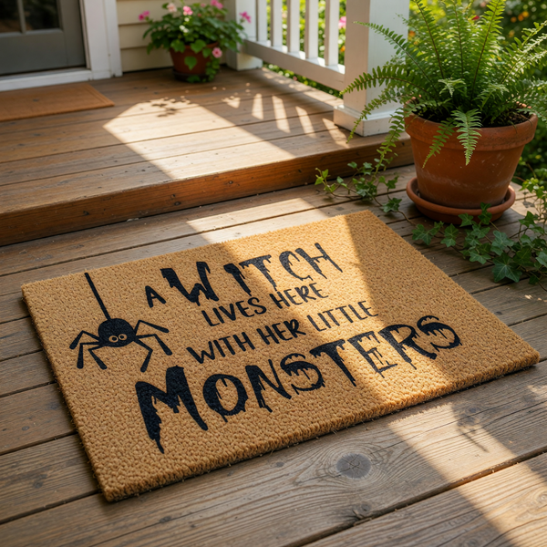 Witch Halloween doormat featuring a spider graphic and text that reads A Witch Lives Here With Her Little Monsters, this natural coir fiber welcome mat is a fun seasonal front porch decor piece for your home entrance.