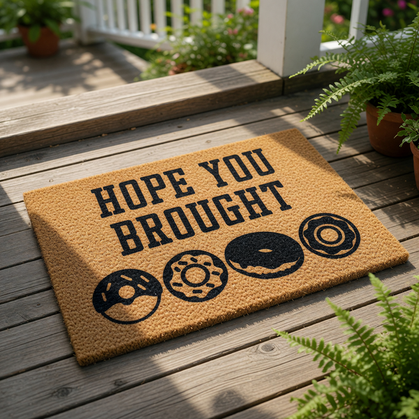 Funny donut doormat with the text Hope You Brought, featuring a natural coir fiber welcome mat design with black printed donuts, perfect for a front porch entry, housewarming gift, or a fun kitchen decor accent for food lovers.