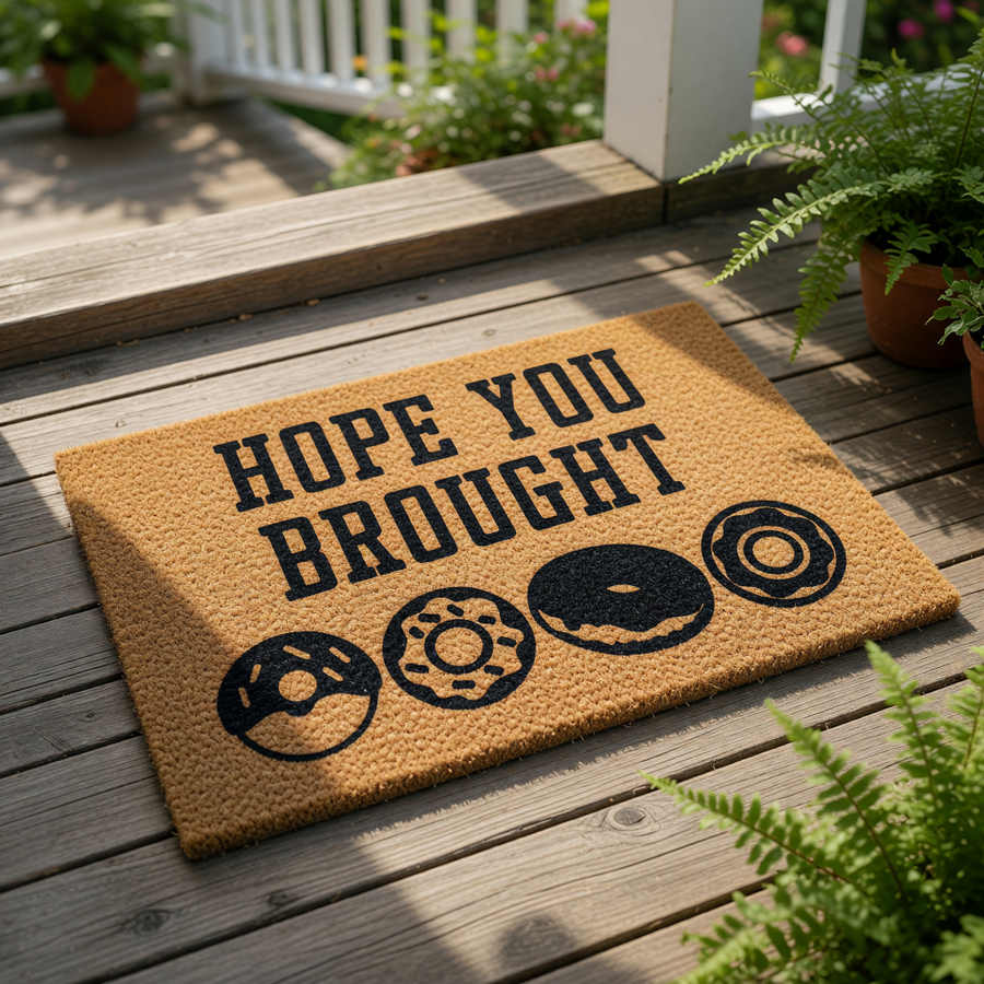 Funny donut doormat with the text Hope You Brought, featuring a natural coir fiber welcome mat design with black printed donuts, perfect for a front porch entry, housewarming gift, or a fun kitchen decor accent for food lovers.
