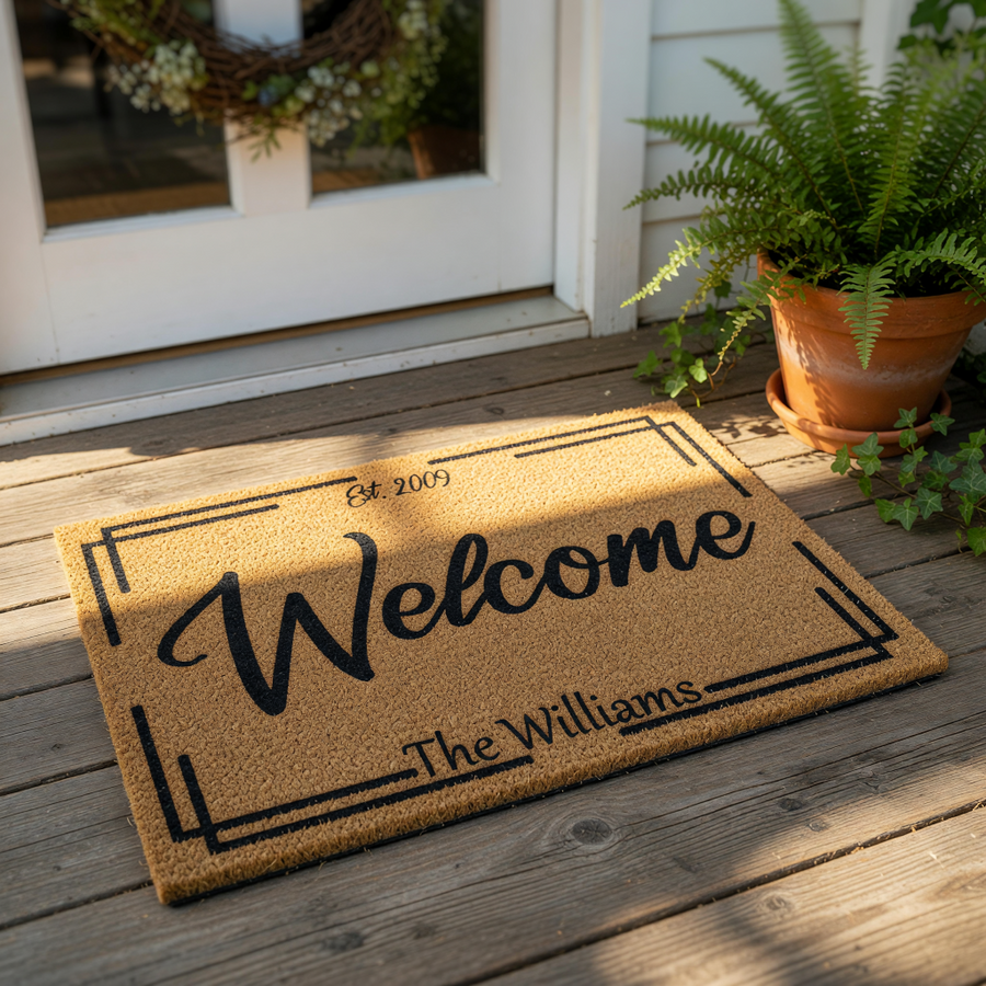 Personalized family name coir doormat featuring a welcome message and established year, this durable outdoor welcome mat is a custom housewarming entry rug for front porches and home entrances with a modern minimalist border