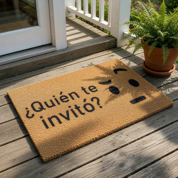 Funny doormat with the Spanish phrase Quien te invito and a skeptical face emoji, this natural coir fiber welcome mat is a humorous front porch decor piece for your home entrance, perfect for a sarcastic housewarming or apartment