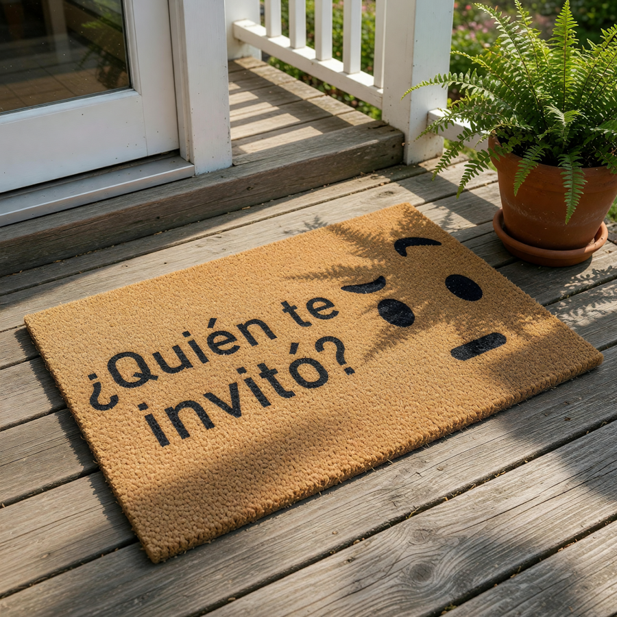 Funny doormat with the Spanish phrase Quien te invito and a skeptical face emoji, this natural coir fiber welcome mat is a humorous front porch decor piece for your home entrance, perfect for a sarcastic housewarming or apartment