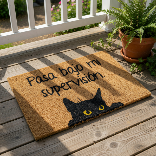 Cat lover welcome doormat featuring a black cat silhouette peeking over the bottom edge with Spanish text Pasa bajo mi supervisin, this natural coir fiber entry rug is a funny pet themed floor mat for your front porch or home