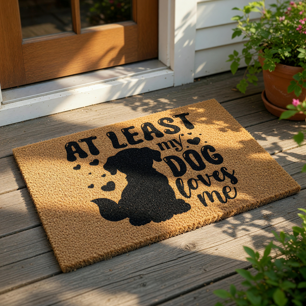 At least my dog loves me coir doormat featuring a black silhouette of a sitting puppy and heart accents on a natural fiber welcome mat, perfect for pet lovers looking for funny outdoor porch decor or a durable front door rug.
