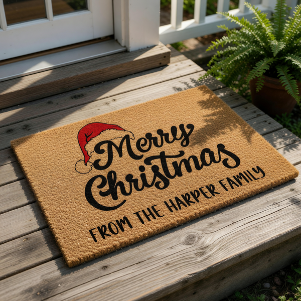 Personalized Merry Christmas doormat with a festive Santa hat design, featuring custom family name text on a durable coir welcome mat for your front porch holiday decor, perfect for seasonal home entryways and winter housewarming.