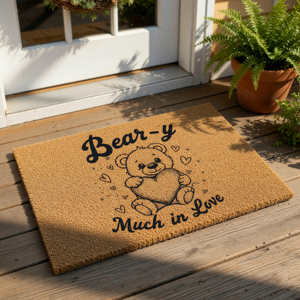 Bear-y Much in Love coir doormat featuring a cute teddy bear holding a heart, this natural fiber welcome mat is a charming front porch decor piece for animal lovers and makes a sweet housewarming entry rug for any home entrance.