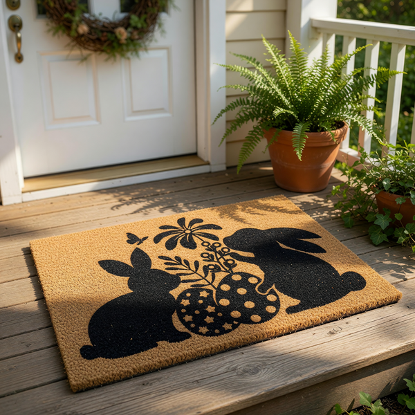 Easter bunny doormat featuring a black silhouette of two rabbits, patterned eggs, and a flower on a natural coir welcome mat, perfect for spring porch decor and seasonal outdoor entryway floor mats for your home entrance.
