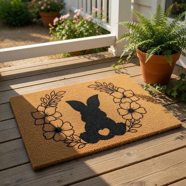 Easter bunny doormat featuring a black silhouette of a sitting rabbit with a heart cutout inside a floral wreath, this natural coir welcome mat is a spring front porch decor essential for your home entrance and seasonal entryway.