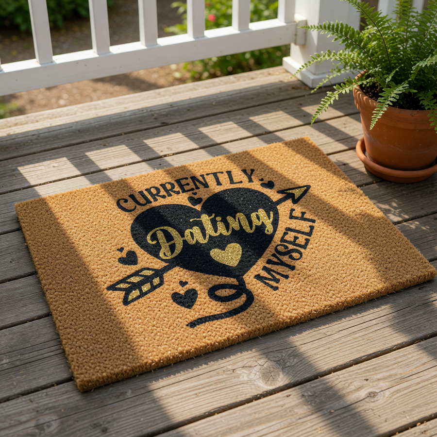 Currently Dating Myself coir doormat with a black heart and arrow design, this funny welcome mat for front porch entryways features durable natural fiber construction for a humorous and stylish home decor entrance statement.