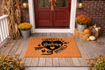 Currently Dating Myself doormat featuring a black heart and arrow design on a natural coir welcome mat, perfect for a funny fall porch decor setup with pumpkins and autumn leaves on a rustic wood front porch entryway floor.