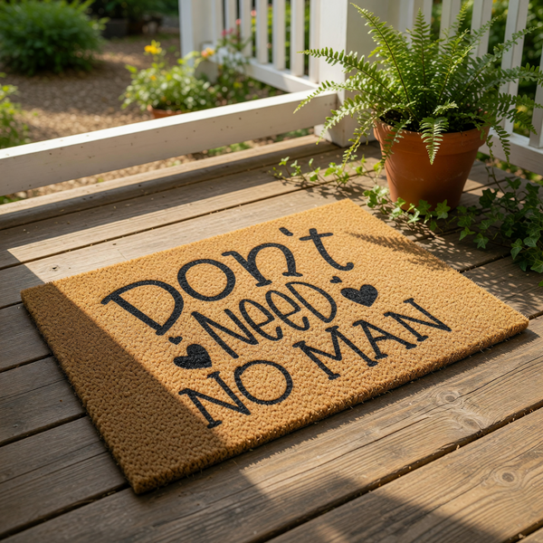 Funny doormat with the text Don't Need No Man printed in black on a natural coir fiber welcome mat, featuring a bold typography design with small heart accents for a sassy home decor entrance piece for single women.