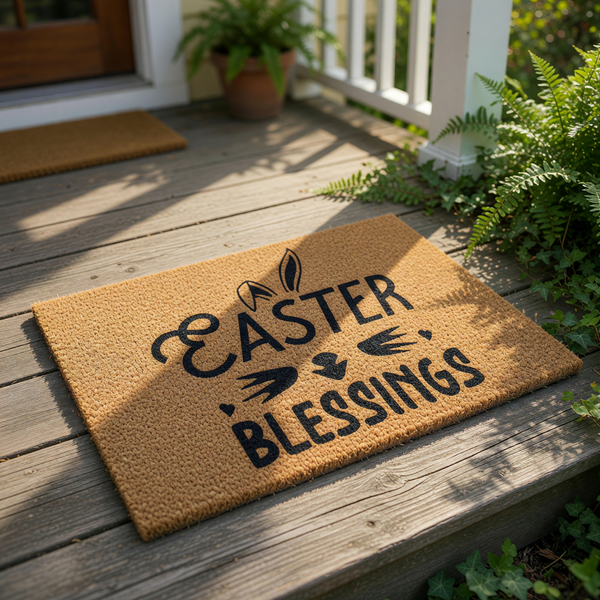 Easter Blessings coir doormat featuring a cute bunny face design with ears and whiskers, this natural fiber welcome mat is a festive spring home decor piece for your front porch entry to celebrate the holiday season with style.