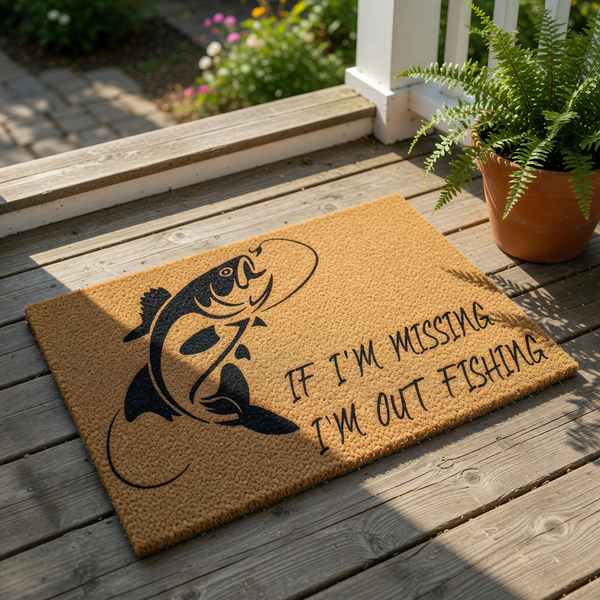 Fishing doormat with a black fish graphic and the text If I'm Missing I'm Out Fishing, this natural coir welcome mat is a funny outdoor floor rug for a fisherman, cabin, or lake house entrance, featuring durable fiber