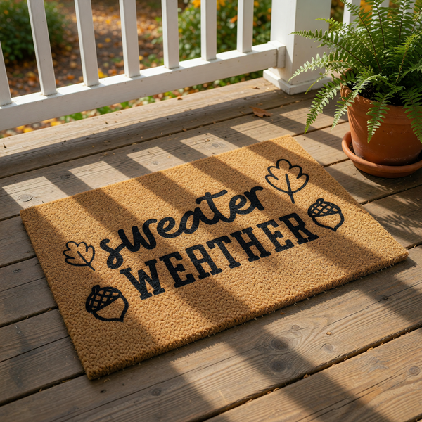 Sweater Weather coir doormat featuring a natural fiber texture with black text and acorn illustrations, perfect for a fall front porch decor, autumn welcome mat, or seasonal entryway rug for your home entrance.