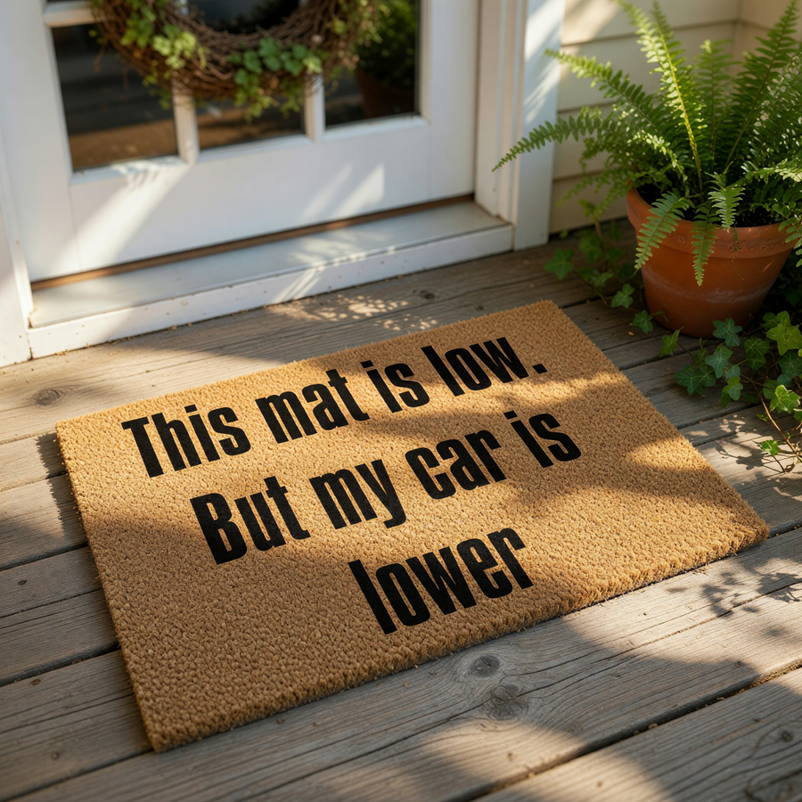Funny car enthusiast doormat featuring the text This mat is low but my car is lower, a natural coir fiber welcome mat for garage or front porch entryways that makes a great gift for gearheads, mechanics, and automotive hobbyists.